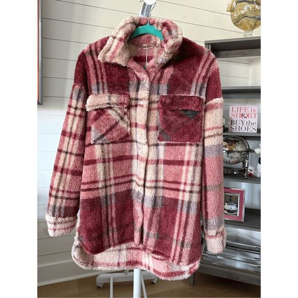 Vici Tops - Vici Mendocino Plaid Soft Knit Jacket Womens S Pink  NWT Teddy Shacket Gorpcore